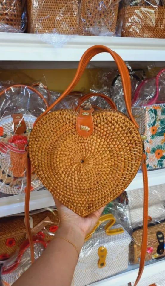 Handmade Heart Rattan Bag with Leather Crossbody Strap