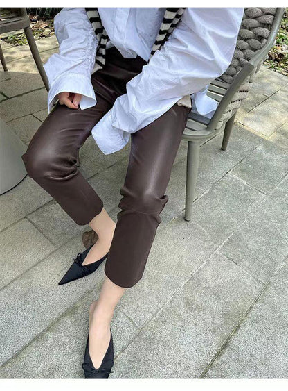 Women Leather Pants Brown High Waist