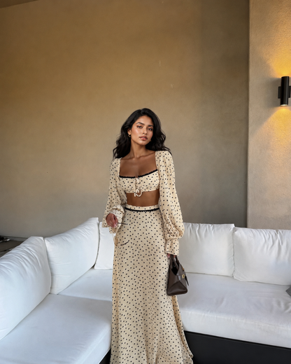 Cream polka dot square neck crop top and high waist maxi skirt set