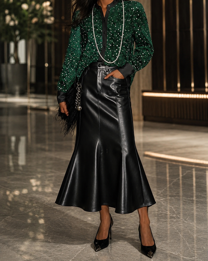 Leather maxi skirt black mermaid hem