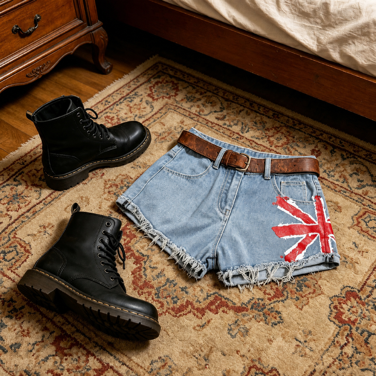 High waisted denim shorts with union jack print