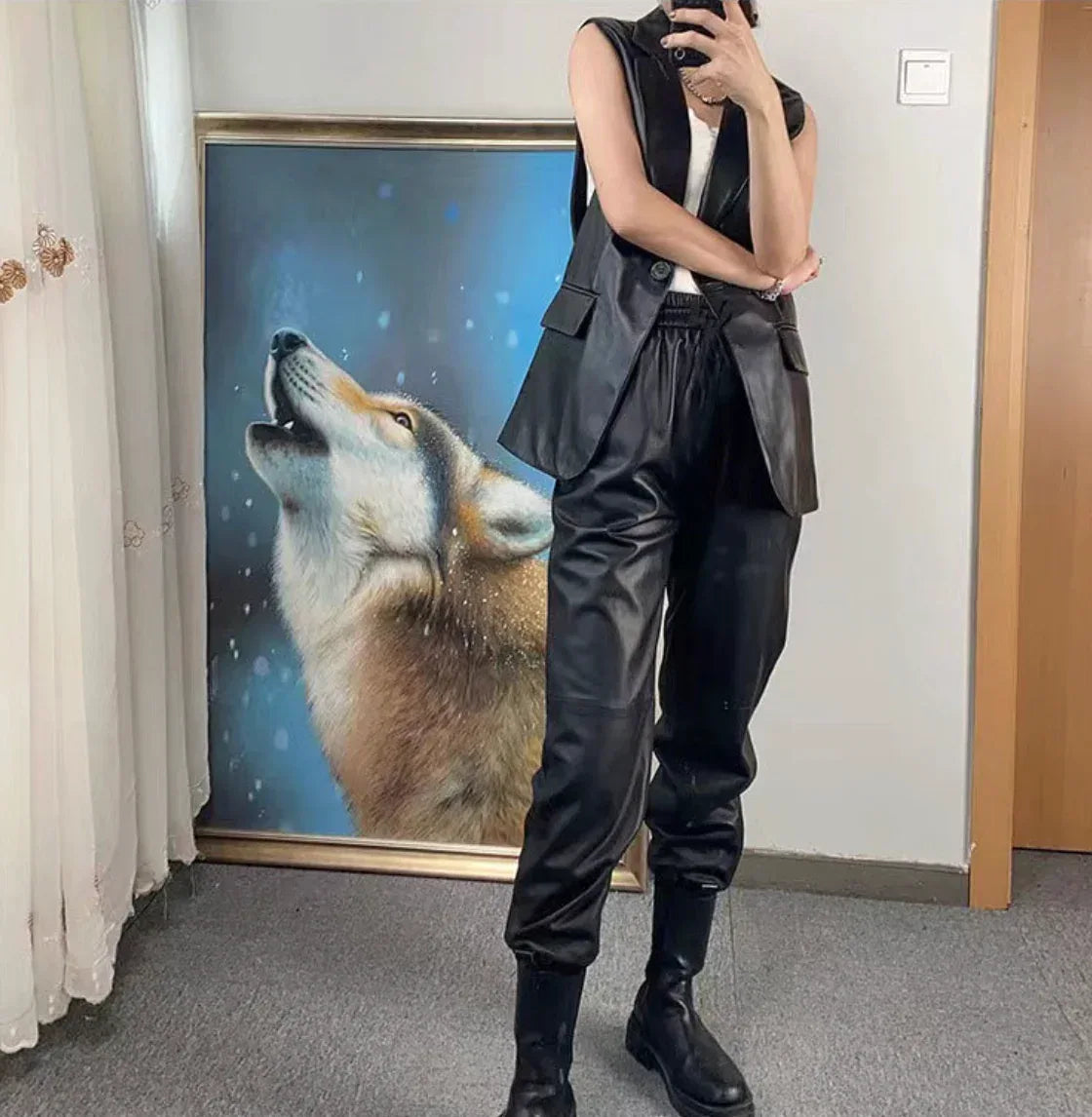 Women Leather Pants High Rise Black Cuff Trousers