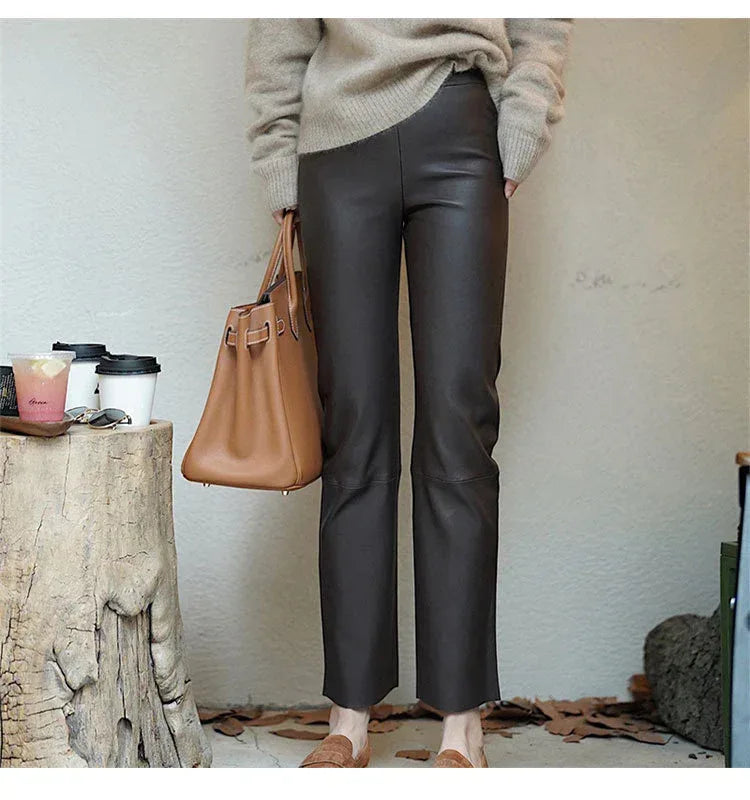Women Leather Pants Brown High Waist
