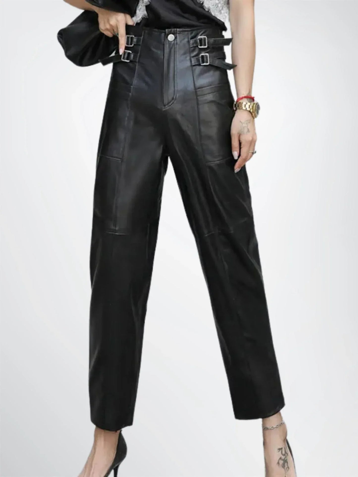 Women's Black Leather Pants High Waist Buckle Detail