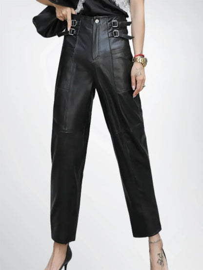 Women's Black Leather Pants High Waist Buckle Detail