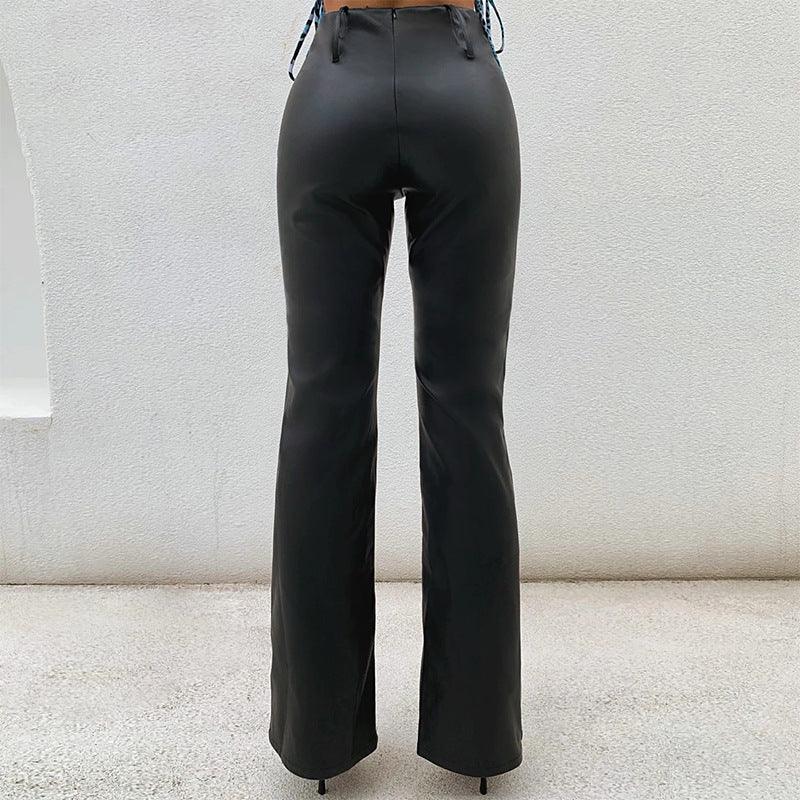 High waist flared faux leather pants