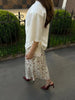 Cream Floral Satin Midi Skirt with High Waist