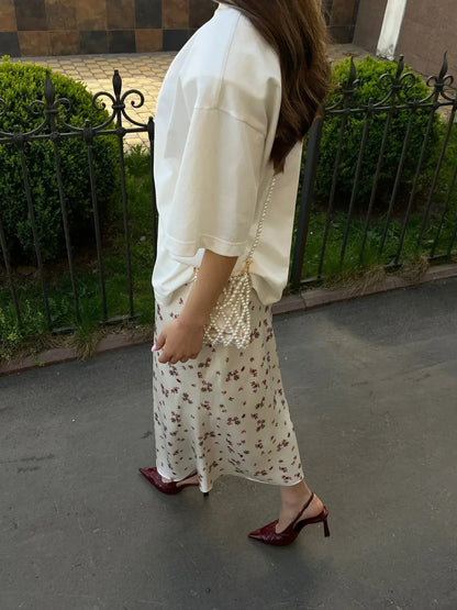 Cream Floral Satin Midi Skirt with High Waist