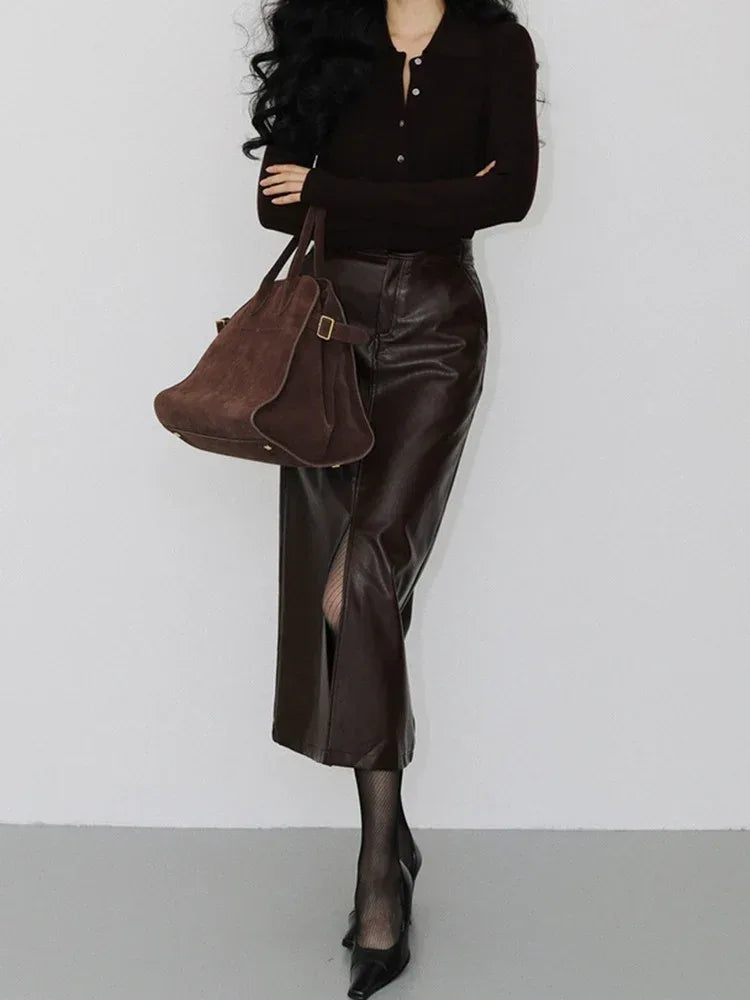 Women’s Genuine Leather Midi Skirt with Front Slit