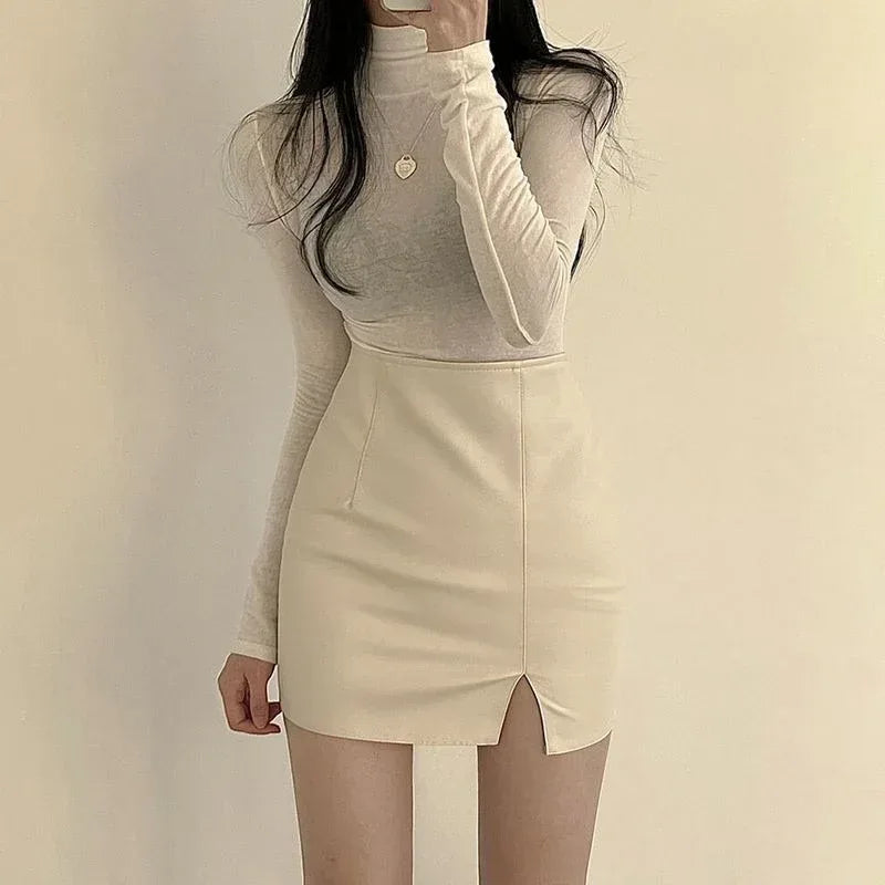 Women’s Faux Leather Mini Skirt with Front Slit 1 XS