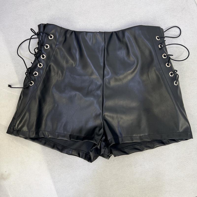 Women’s Black Faux Leather Lace Up Shorts