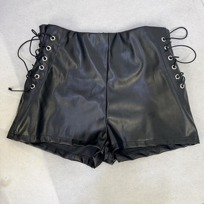 Women’s Black Faux Leather Lace Up Shorts