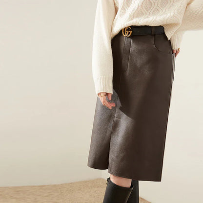 High Waisted Sheepskin Leather Midi Skirt with Front Slit 1 S