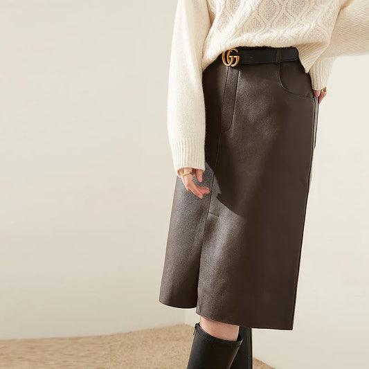 High Waisted Sheepskin Leather Midi Skirt with Front Slit 1 S