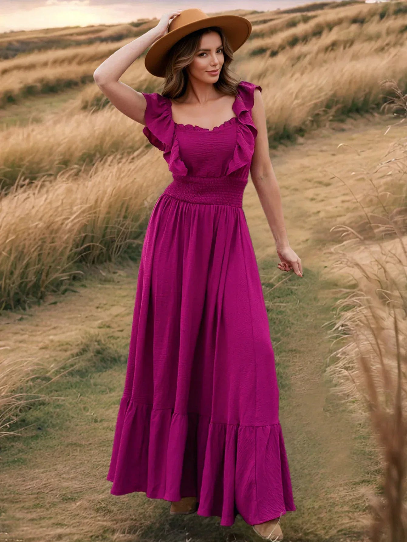 Hot Pink Ruffle Maxi Dress with Square Neck