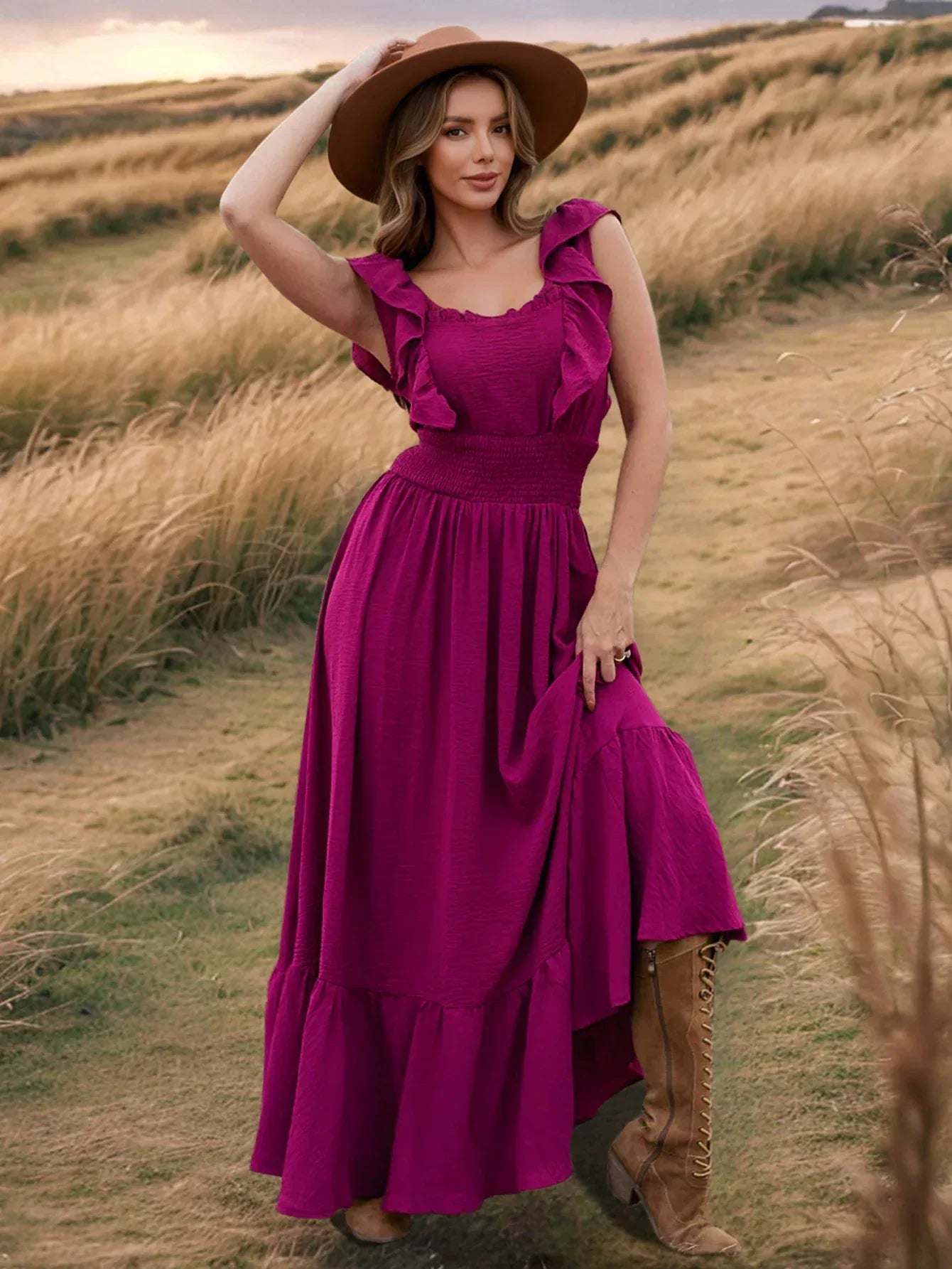 Hot Pink Ruffle Maxi Dress with Square Neck