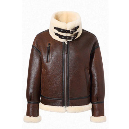 High Neck Fur Women's Brown Leather Jacket