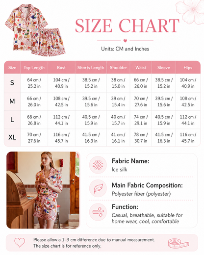 Women’s Ice Silk Pajama Set with Cute Printed Shorts