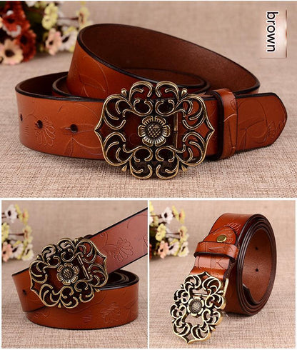 women’s genuine leather carved floral belt