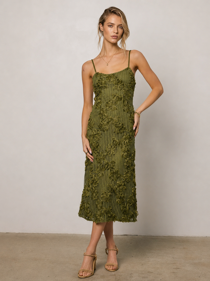 Olive Lace Jacquard Dress with Spaghetti Straps and Midi Length