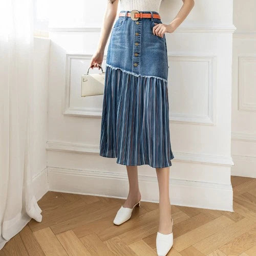 Women's knee length jean skirts with mesh detail