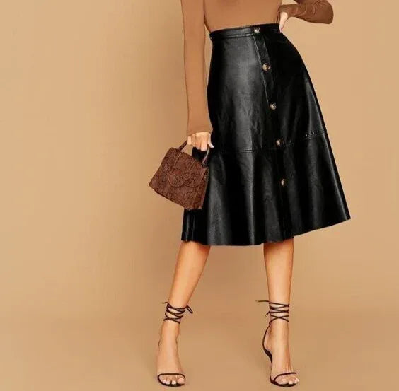 A-Line Knee Length Leather Skirt Black Button Front