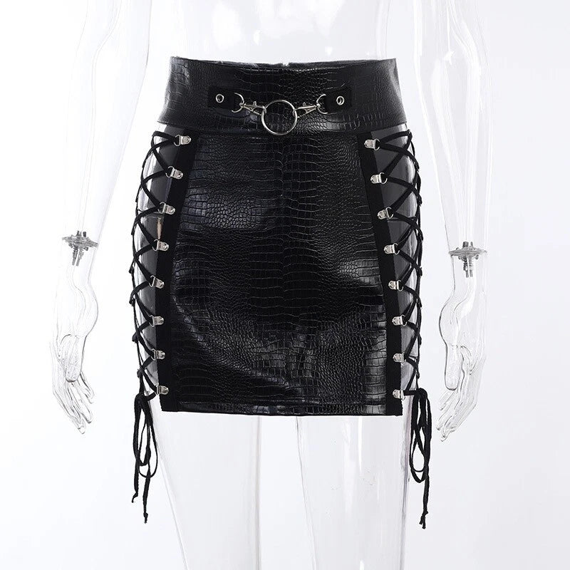 Women's black leather mini skirt with adjustable lacing