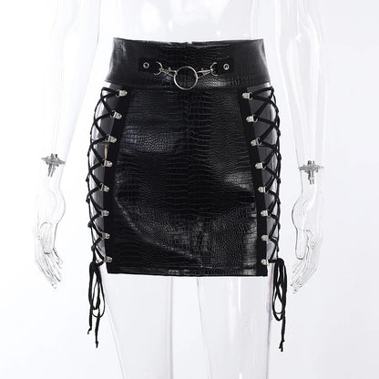 Women's black leather mini skirt with adjustable lacing