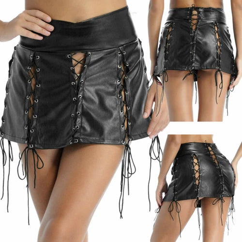 Black faux leather mini skirt with lace-up details