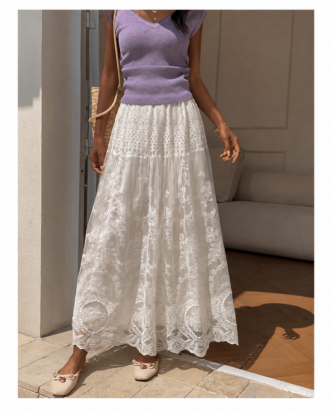 Lace maxi skirt with white lace long skirt texture, high waist pleats and soft summer flow.