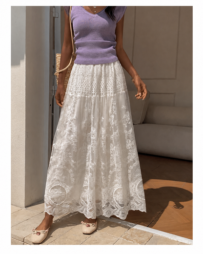 Lace maxi skirt with white lace long skirt texture, high waist pleats and soft summer flow.