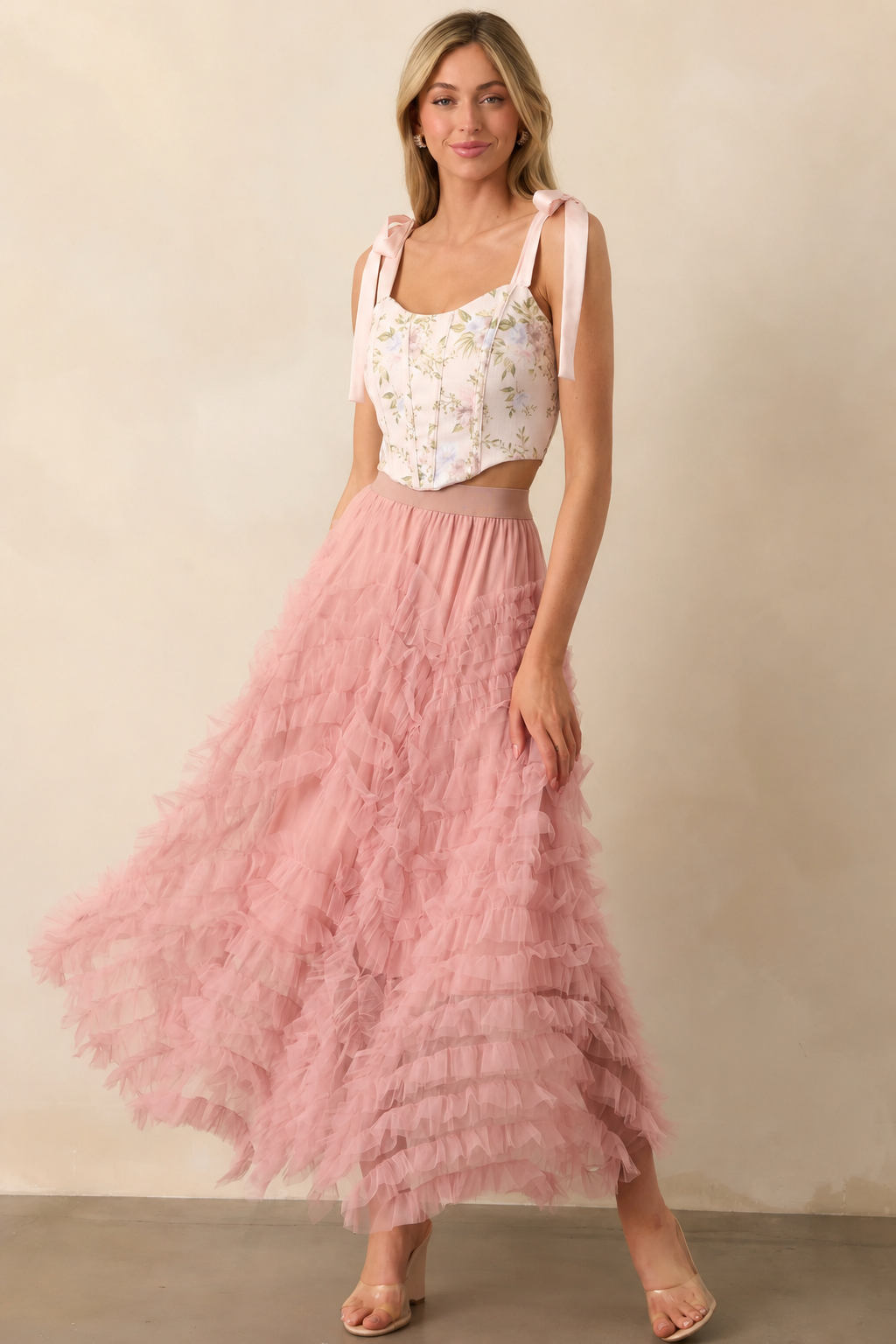 Corset top with floral print tie straps and lace up back