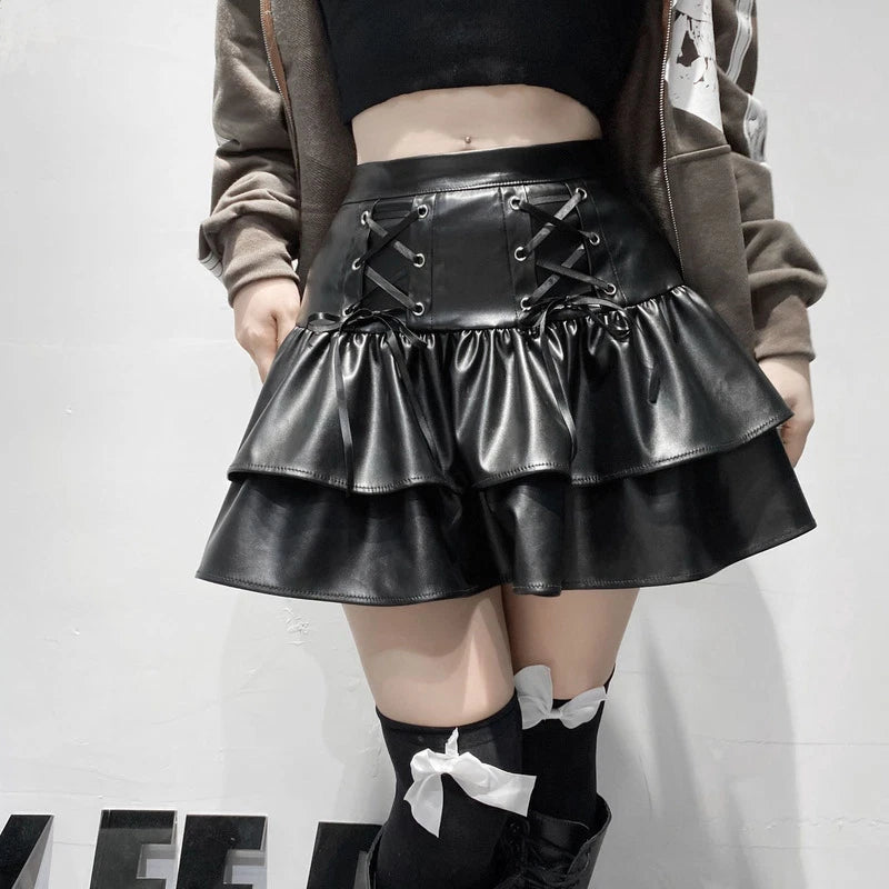 Black faux leather mini skirt lace up corset