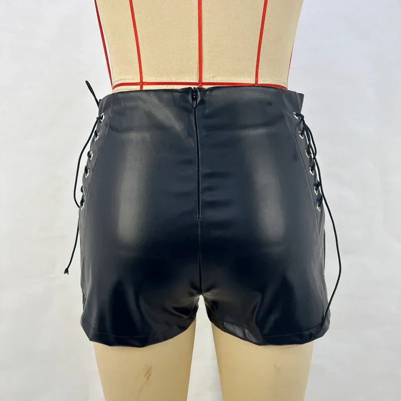 Women’s Black Faux Leather Lace Up Shorts