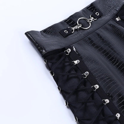Women's black leather mini skirt with adjustable lacing