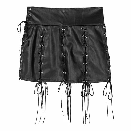 Black faux leather mini skirt with lace-up details