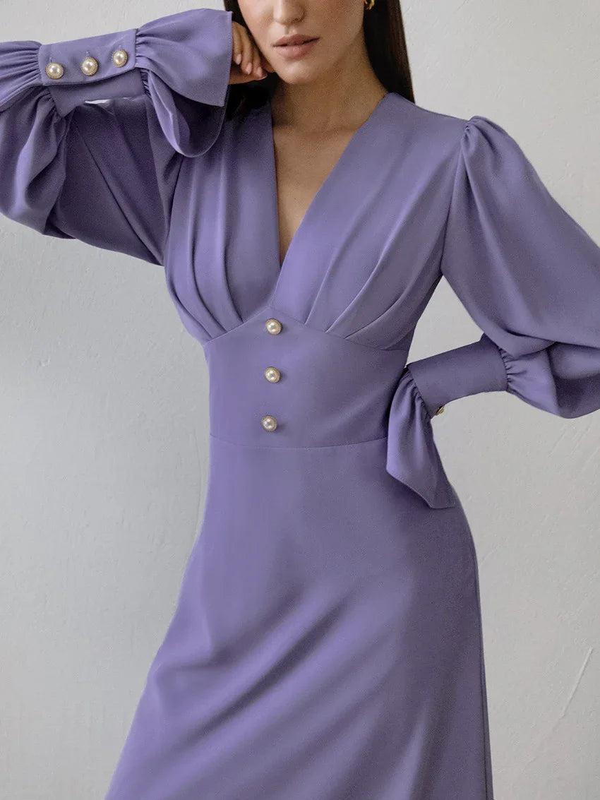Baby Blue V Neck Long Sleeve Midi Dress