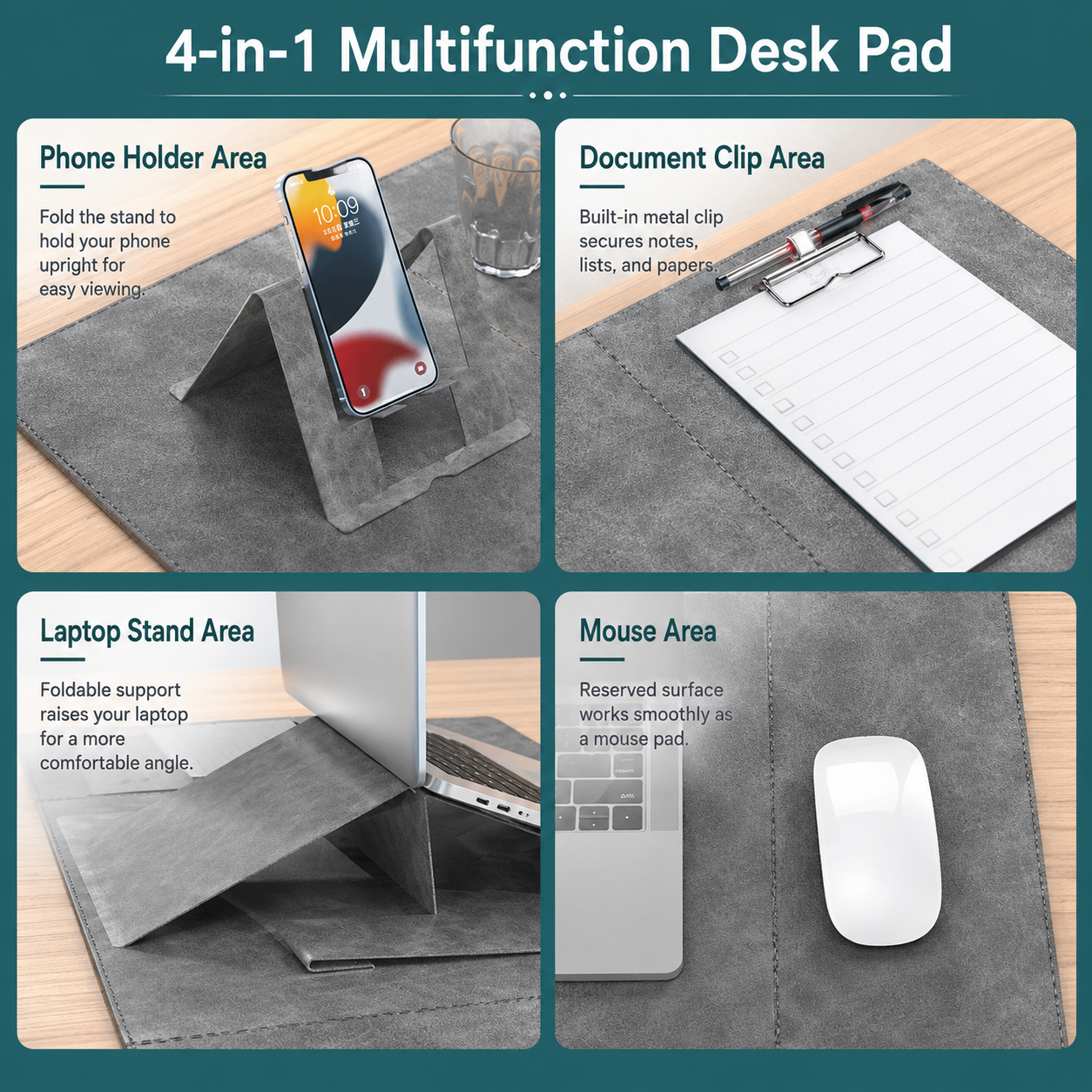 large leather desk mat with folding panels for laptop, mouse, phone, and writing use