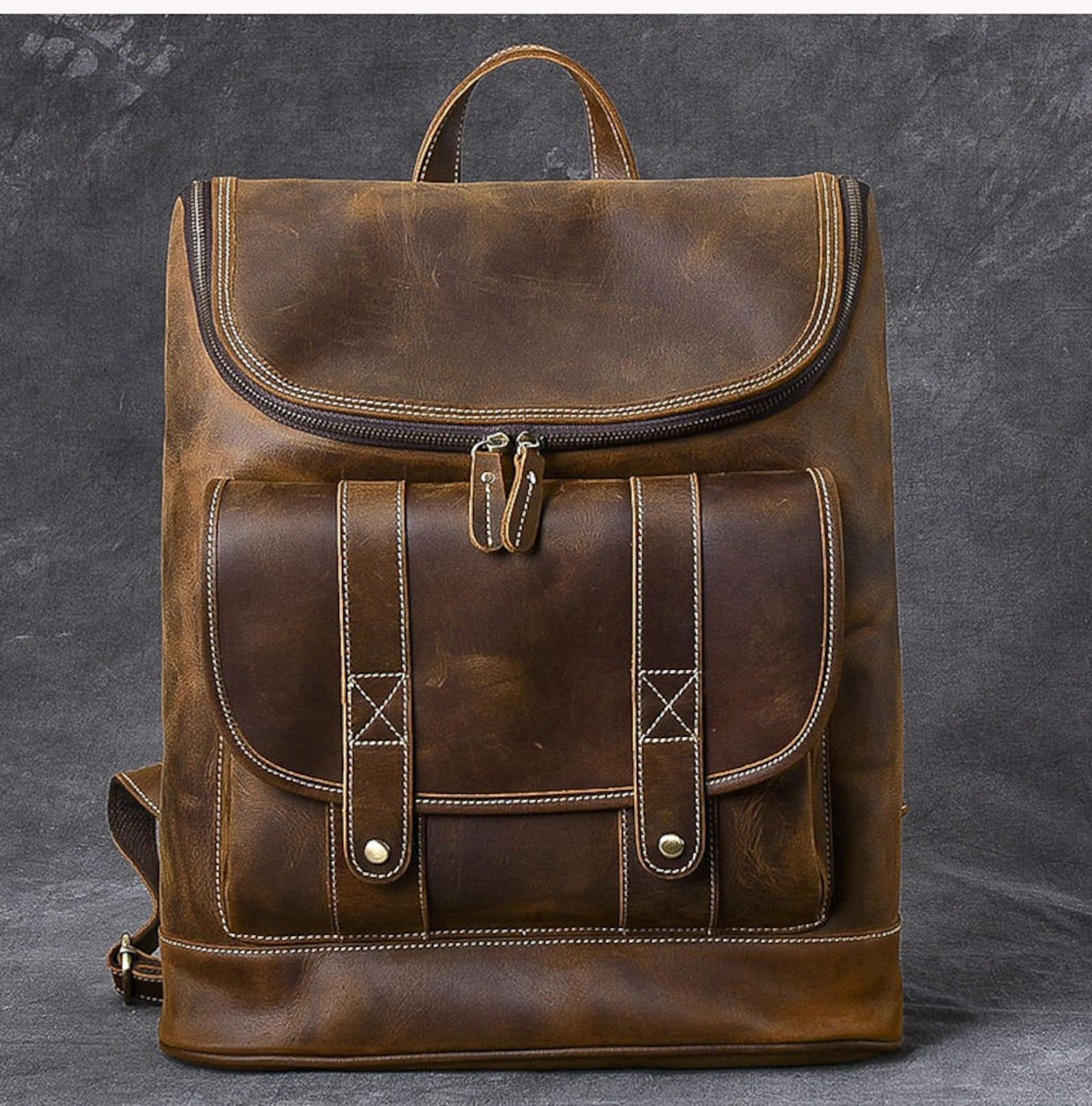 Cowhide Leather Backpack Men Large Crazy Horse Laptop Travel Bag