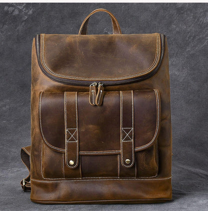 Cowhide Leather Backpack Men Large Crazy Horse Laptop Travel Bag