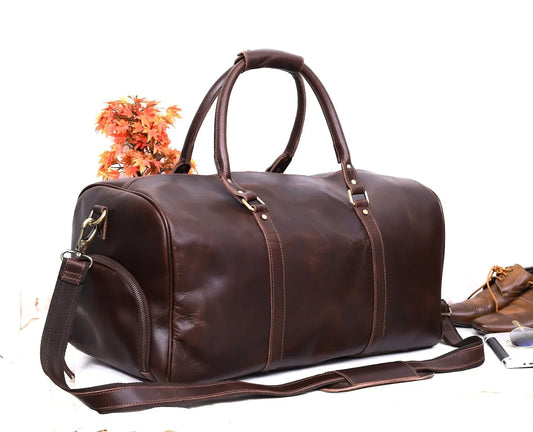 Leather Duffle Bag Large Genuine Cowhide Travel Holdall Style 1