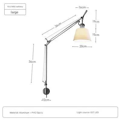 Adjustable Italian Swing Arm Wall Light Large white fabric lampshade.jpg