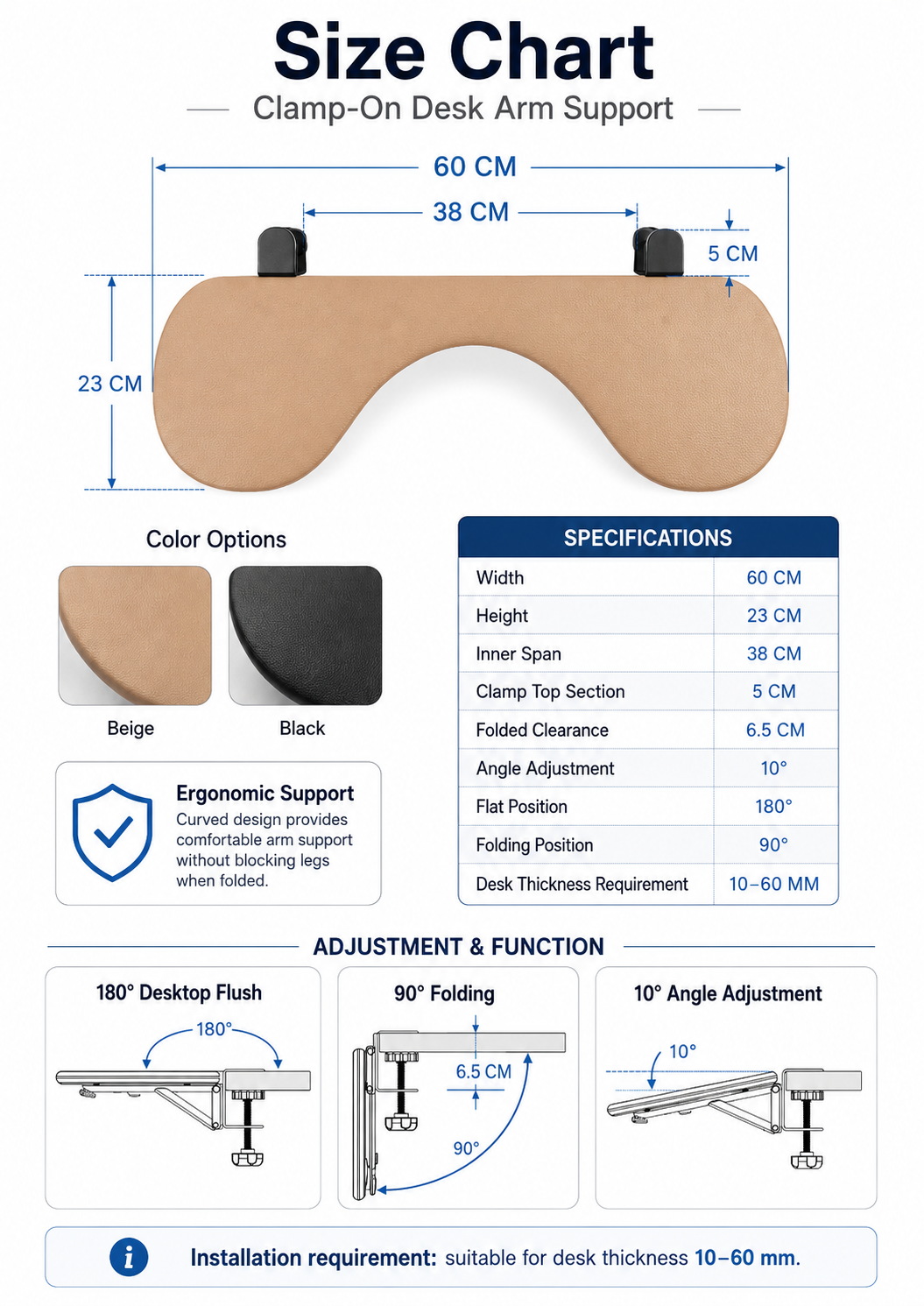 Leather armrest in beige or black with folding desk edge support