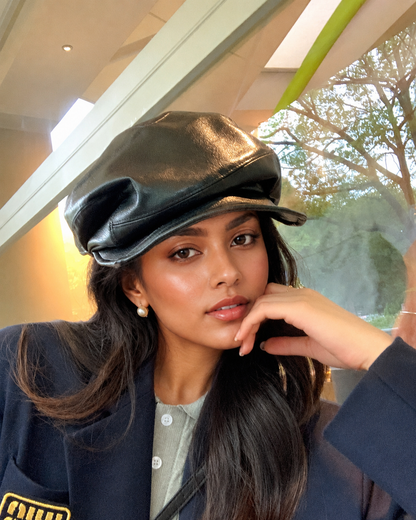 Leather womens beanie with short brim crown
