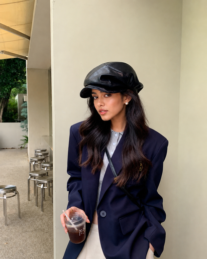 Leather womens beanie with short brim crown