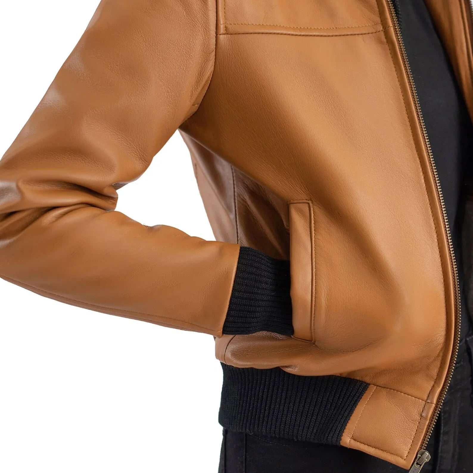 Tan Leather Hooded Jacket for Women Bomber Style
