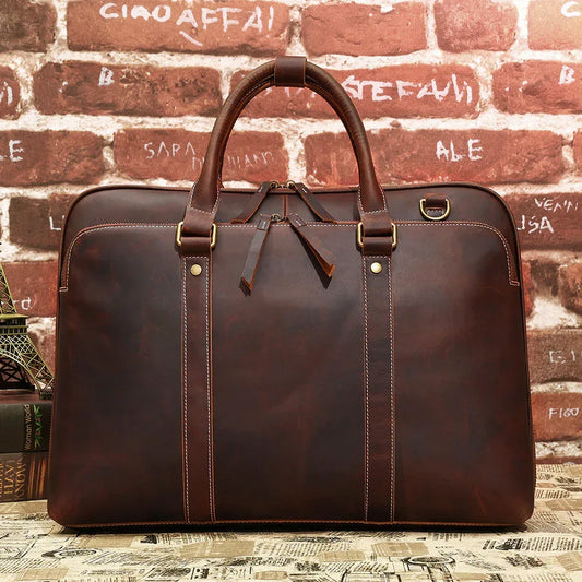 Leather Business Bag for Men Brown Laptop Briefcase with Shoulder Strap