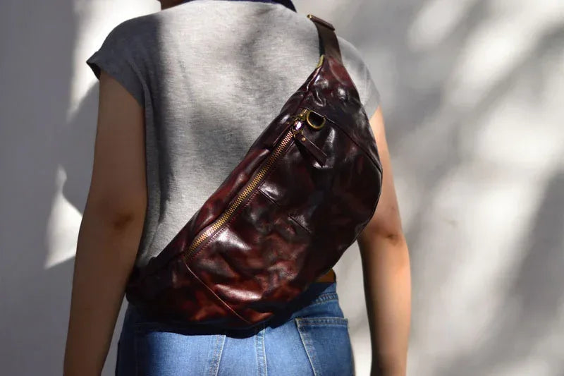 Genuine Leather Crossbody Bag Large Wrinkled Cowhide Sling for Travel