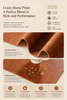 A promotional product graphic for a brown leather-like horse print material sample. The image includes marketing text, icons for four core highlights, a large close-up of the material surface, a folded corner showing thickness and stitching, and small water droplets demonstrating water resistance.