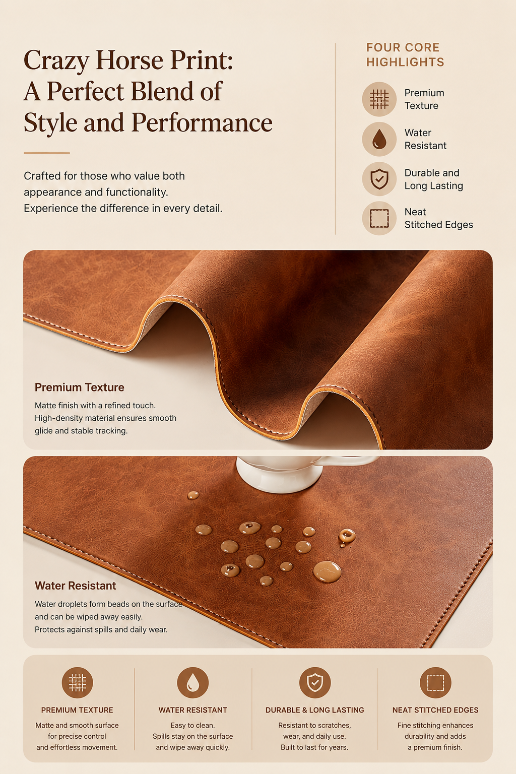 A promotional product graphic for a brown leather-like horse print material sample. The image includes marketing text, icons for four core highlights, a large close-up of the material surface, a folded corner showing thickness and stitching, and small water droplets demonstrating water resistance.